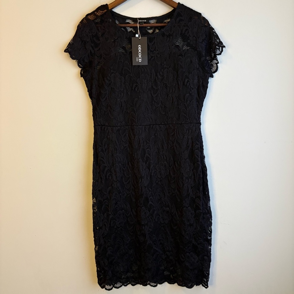 ODCOCD Women’s Black Lace Dress Large Sheath Cocktail Formal Short Sleeve Lined